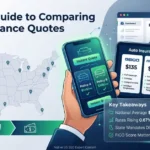 A user holding a smartphone and tablet comparing auto insurance quotes online across top US carriers for 2026.
