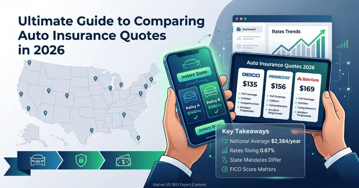 A user holding a smartphone and tablet comparing auto insurance quotes online across top US carriers for 2026.