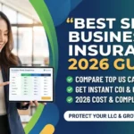 A female US business owner comparing the best small business insurance quotes for 2026 on a tablet to protect her LLC.