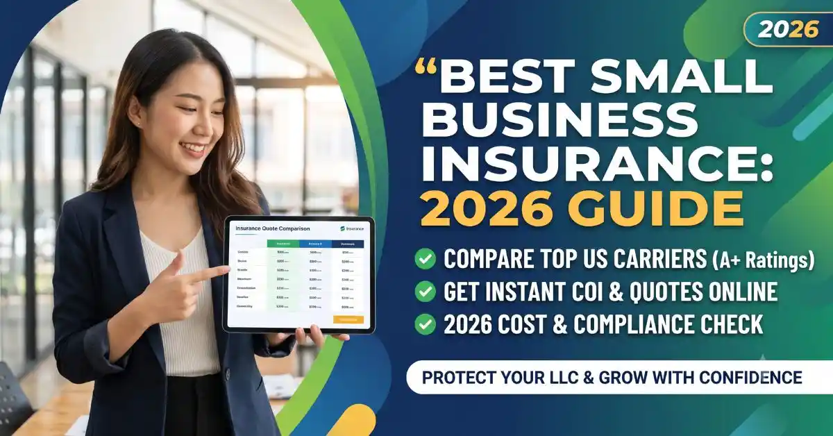 A female US business owner comparing the best small business insurance quotes for 2026 on a tablet to protect her LLC.