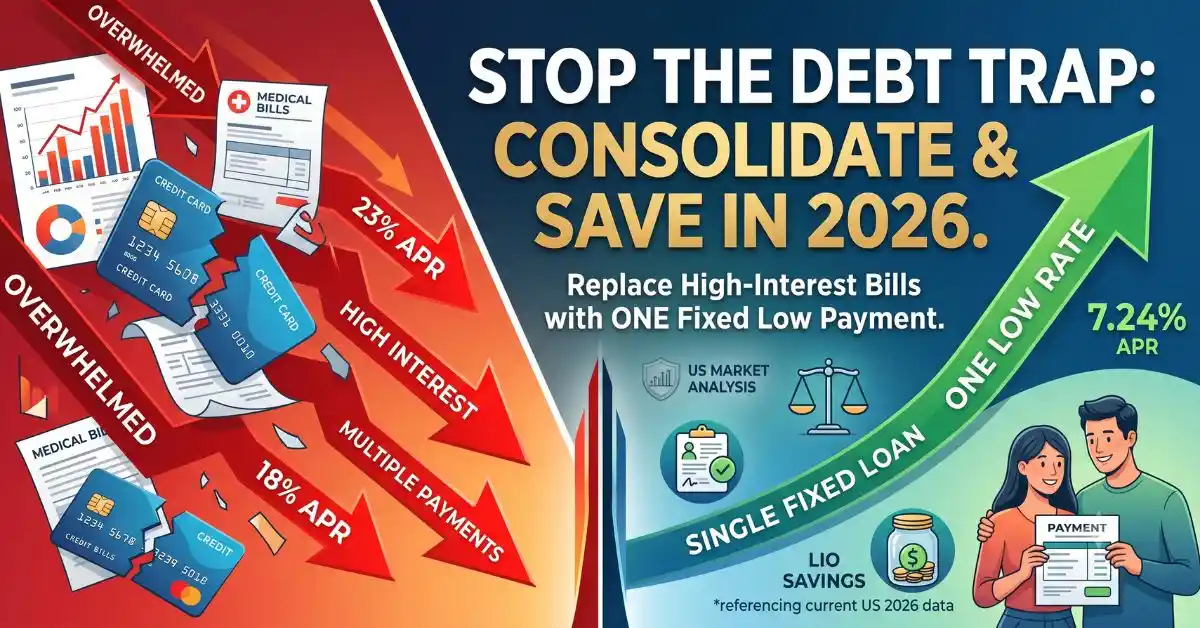 nfographic comparing the "Debt Trap" of high-interest credit cards and medical bills with the benefits of debt consolidation into one single low-interest personal loan in 2026. Shows high APRs vs. a consolidated 7.24% APR rate.